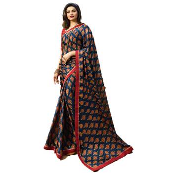 Blue printed silk saree with blouse 1