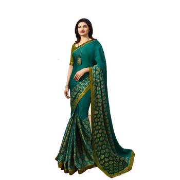 Sea green printed silk saree with blouse 1