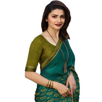 Sea green printed silk saree with blouse 4