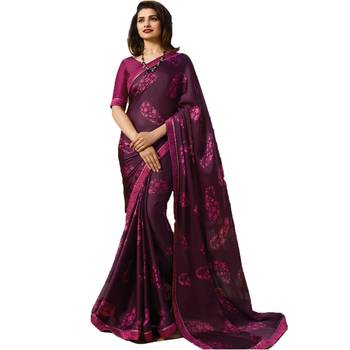 Purple printed silk saree with blouse 1