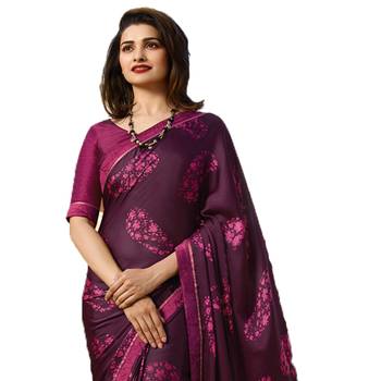 Purple printed silk saree with blouse 2