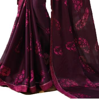 Purple printed silk saree with blouse 3