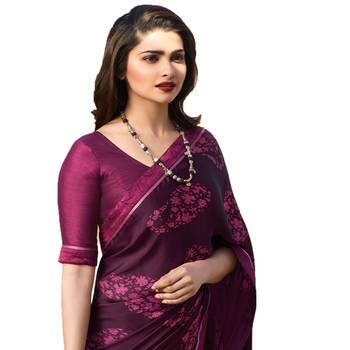 Purple printed silk saree with blouse 4