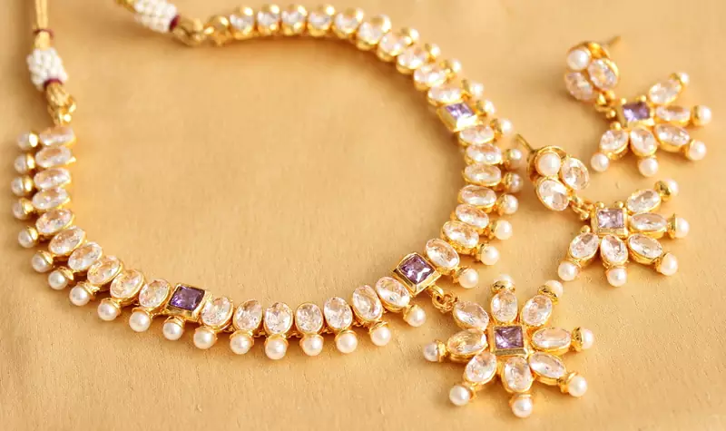 Beautiful Gold Plated Polki Purple Necklace Set  