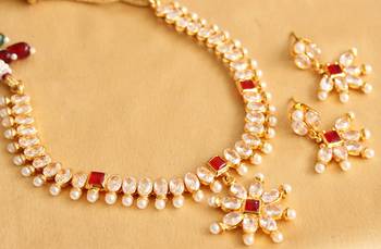 Beautiful Gold Plated Polki Red Necklace Set 1