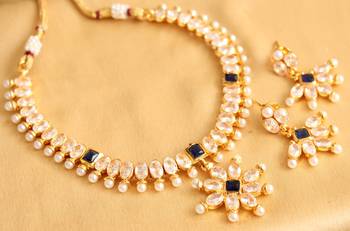 Beautiful Gold Plated Polki Blue Necklace Set 1
