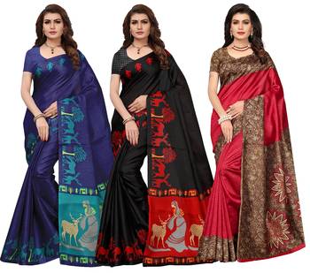 Multicolor printed poly silk combo  saree with blouse 1