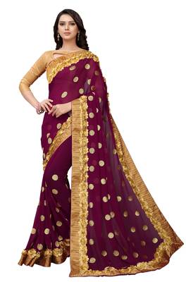 Purple embroidered georgette saree with blouse 1