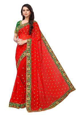 Red embroidered georgette saree with blouse 1