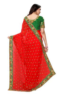 Red embroidered georgette saree with blouse 3