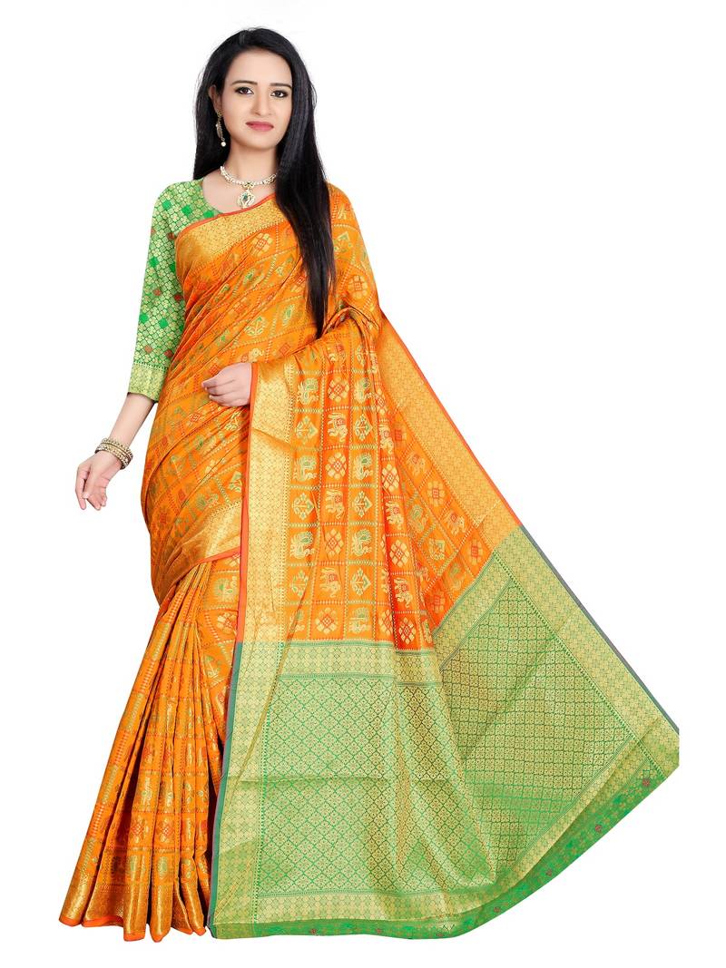 Mustard self design patola silk saree with blouse
