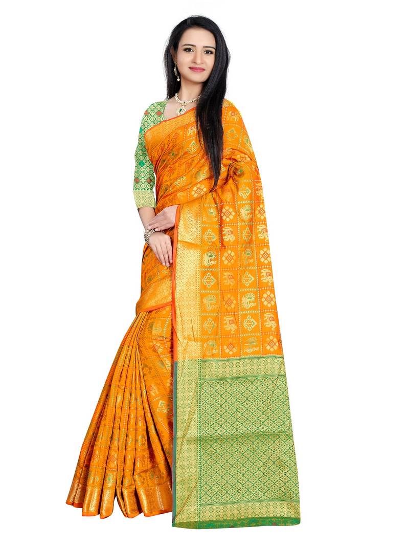 Mustard self design patola silk saree with blouse