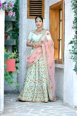 Figurative Mint green Thread and Sequins Embroidered Silk Bridal Ghagra Choli 1