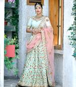 Figurative Mint green Thread and Sequins Embroidered Silk Bridal Ghagra Choli