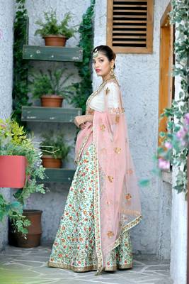 Figurative Mint green Thread and Sequins Embroidered Silk Bridal Ghagra Choli 2