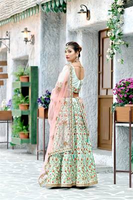 Figurative Mint green Thread and Sequins Embroidered Silk Bridal Ghagra Choli 3