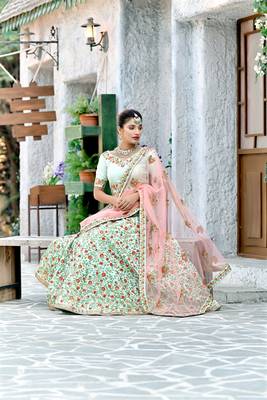 Figurative Mint green Thread and Sequins Embroidered Silk Bridal Ghagra Choli 4