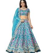 Harbour Blue Zari, Dori and Sequins Embroidered Japan Satin Semi Stitched lehenga choli for wedding