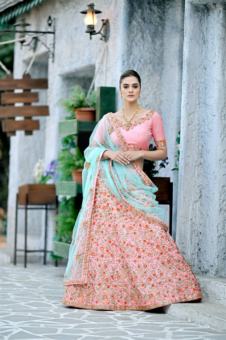 Light Pink Embroidered Silk Unstitched Lehenga With Dupatta