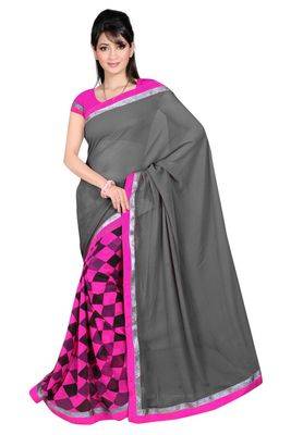 grey printed georgette saree with blouse 1