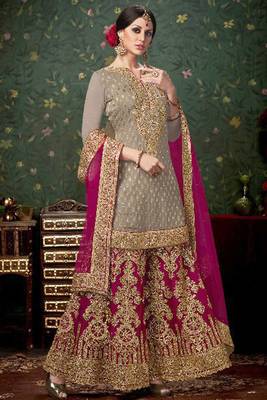 Grey embroidered satin semi Stitched Sharara 2