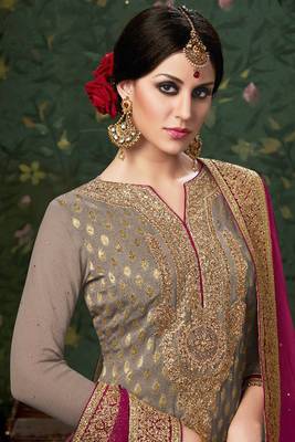 Grey embroidered satin semi Stitched Sharara 3