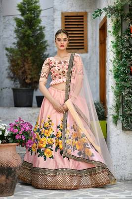 Peach Sequins Embroidered Silk Semi Stitched bridal lehenga 1