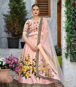 Peach Sequins Embroidered Silk Semi Stitched bridal lehenga