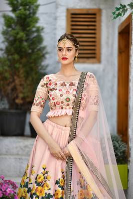 Peach Sequins Embroidered Silk Semi Stitched bridal lehenga 2