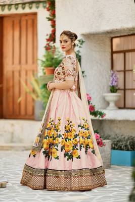 Peach Sequins Embroidered Silk Semi Stitched bridal lehenga 3