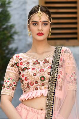 Peach Sequins Embroidered Silk Semi Stitched bridal lehenga 4