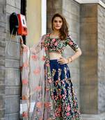 Mesmerizing Navy Blue Resham Embroidered Semi stitched Silk Lehenga