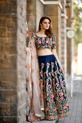 Mesmerizing Navy Blue Resham Embroidered Semi stitched Silk Lehenga 2