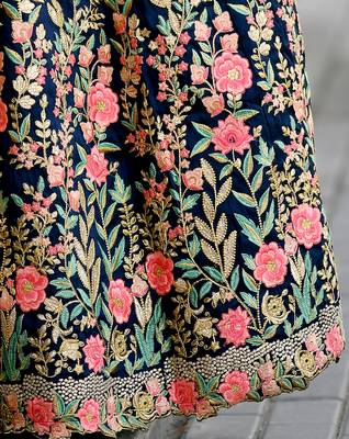 Mesmerizing Navy Blue Resham Embroidered Semi stitched Silk Lehenga 4