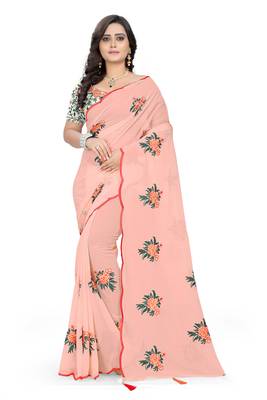 Peach plain georgette saree with blouse 1
