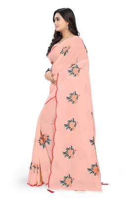Peach plain georgette saree with blouse 2