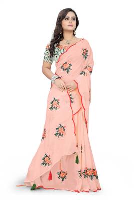 Peach plain georgette saree with blouse 3