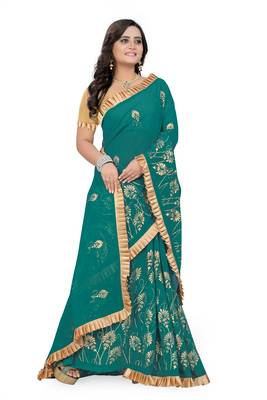 Green Plain Georgette Saree With Blouse 3