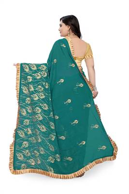 Green Plain Georgette Saree With Blouse 4