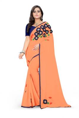 Orange Plain Georgette Saree With Blouse 1