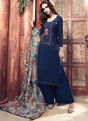 Royal-blue embroidered satin salwar with dupatta 1
