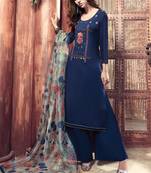 Royal-blue embroidered satin salwar with dupatta