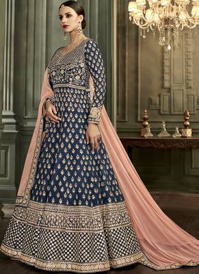 Royal-blue embroidered silk salwar with dupatta 1