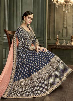 Royal-blue embroidered silk salwar with dupatta 2