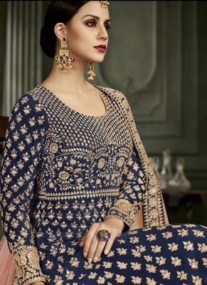 Royal-blue embroidered silk salwar with dupatta 3