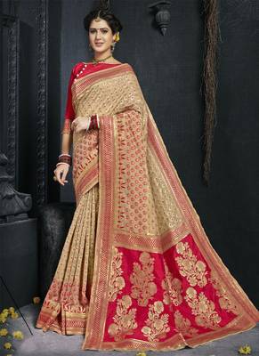 Cream woven art silk blend saree with blouse 1