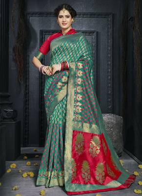 Teal woven art silk blend saree with blouse 1