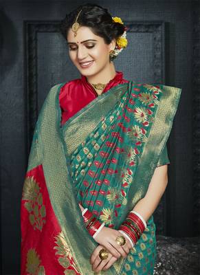 Teal woven art silk blend saree with blouse 2