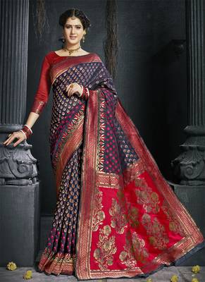 Navy blue woven art silk blend saree with blouse 1