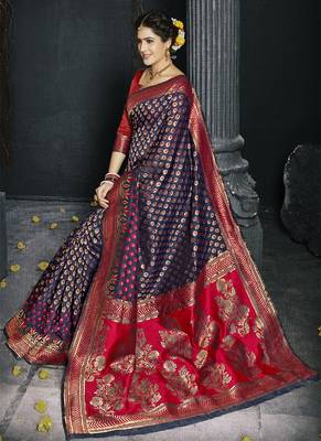 Navy blue woven art silk blend saree with blouse 3
